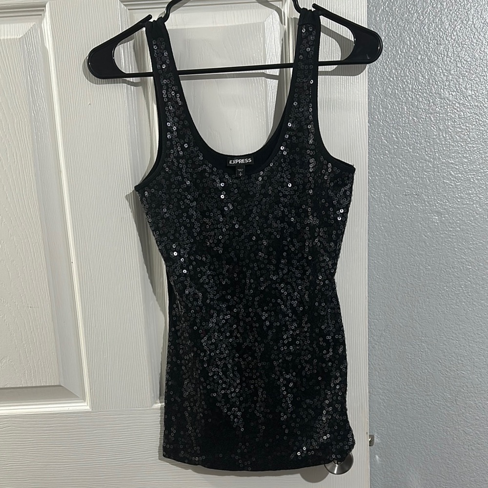Express Black Sequin Fitted Tank Top